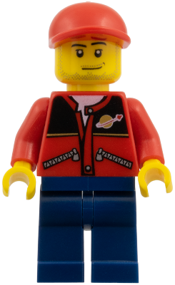 Red Jacket with Zipper Pockets and Classic Space Logo, Dark Blue Legs, Red Short Bill Cap