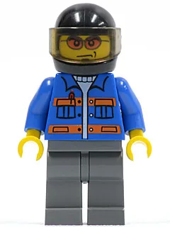 Blue Jacket with Pockets and Orange Stripes, Dark Bluish Gray Legs, Black Helmet, Orange Sunglasses
