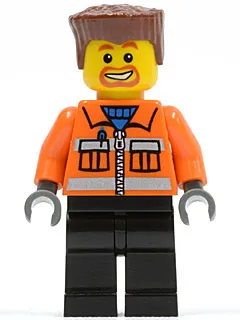 Construction Worker - Orange Zipper, Safety Stripes, Orange Arms, Black Legs, Reddish Brown Flat Top Hair, Beard Around Mouth