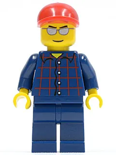 Plaid Button Shirt, Dark Blue Legs, Red Short Bill Cap, Silver Sunglasses