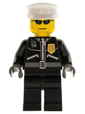 Police - City Leather Jacket with Gold Badge, White Hat, Dark Blue Sunglasses