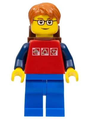 Red Shirt with 3 Silver Logos, Dark Blue Arms, Blue Legs, Dark Orange Short Tousled Hair, Brown Eyebrows, Backpack