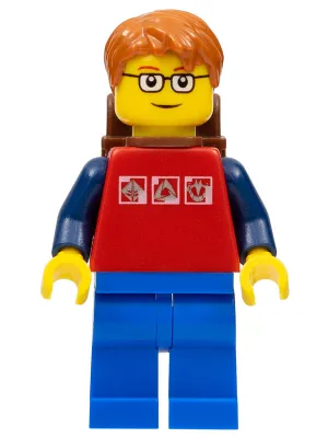 Red Shirt with 3 Silver Logos, Dark Blue Arms, Blue Legs, Dark Orange Short Tousled Hair, Red Eyebrows, Backpack