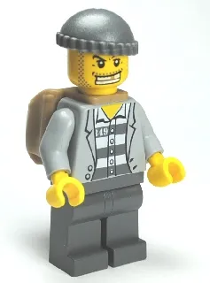 Police - Jail Prisoner Jacket over Prison Stripes, Dark Bluish Gray Legs, Dark Bluish Gray Knit Cap, Gold Tooth, Backpack