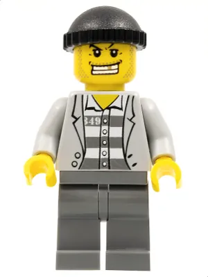 Police - Jail Prisoner Jacket over Prison Stripes, Dark Bluish Gray Legs, Black Knit Cap, Gold Tooth