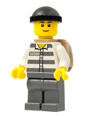 Police - Jail Prisoner 50380 Prison Stripes, Dark Bluish Gray Legs, Black Knit Cap, Black Eyebrows, Thin Grin, Backpack