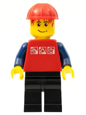 Red Shirt with 3 Silver Logos, Dark Blue Arms, Black Legs, Messy Red Hair, Red Construction Helmet