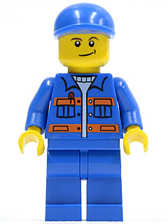 Blue Jacket with Pockets and Orange Stripes, Blue Legs, Blue Short Bill Cap, Crooked Smile