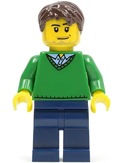 Green V-Neck Sweater, Dark Blue Legs, Dark Brown Short Tousled Hair, Smirk and Stubble Beard