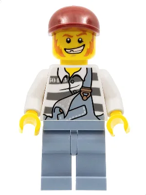 Police - Jail Prisoner Torn Overalls over Prison Stripes, Sand Blue Legs, Dark Red Short Bill Cap