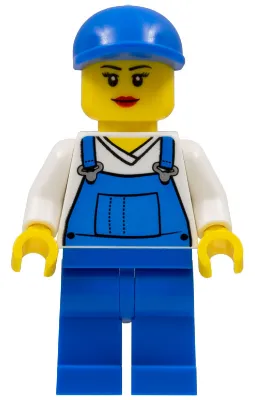 Overalls Blue over V-Neck Shirt, Blue Legs, Blue Short Bill Cap, Eyelashes and Smile