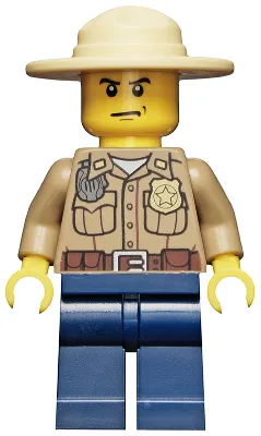 Forest Police - Dark Tan Shirt with Pockets, Radio and Gold Badge, Dark Blue Legs, Campaign Hat, Angry Eyebrows and Scowl, White Pupils
