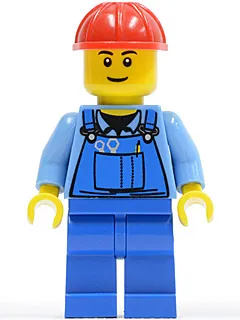 Overalls with Tools in Pocket Blue, Red Construction Helmet, Black Eyebrows, Thin Grin