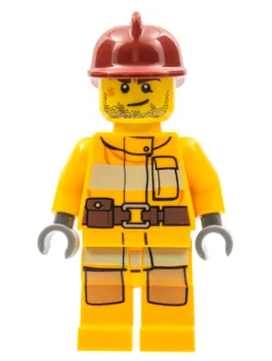 Fire - Bright Light Orange Fire Suit with Utility Belt, Dark Red Fire Helmet, Crooked Smile and Scar
