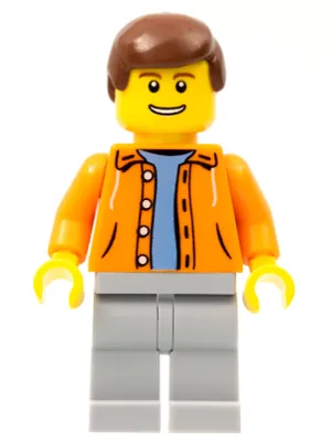 Orange Jacket with Hood over Light Blue Sweater, Light Bluish Gray Legs, Reddish Brown Male Hair