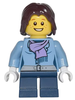 Medium Blue Jacket with Light Purple Scarf, Dark Blue Short Legs, Dark Brown Mid-Length Tousled Hair