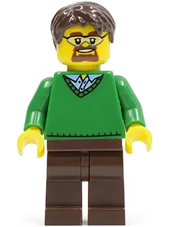 Green V-Neck Sweater, Dark Brown Legs, Dark Brown Short Tousled Hair, Safety Goggles