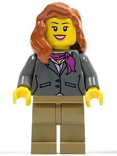 Dark Bluish Gray Jacket with Magenta Scarf, Dark Tan Legs, Dark Orange Female Hair over Shoulder