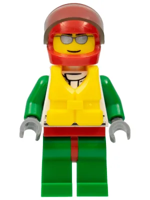 Octan - Jacket with Red and Green Stripe, Red Hips and Green Legs, Red Helmet, Trans-Brown Visor, Silver Sunglasses, Life Jacket Center Buckle
