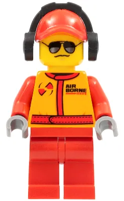 Monster Truck Mechanic, Racing Suit with Airborne Spoilers Logo, Red Cap with Hole, Headphones, Black and Silver Sunglasses