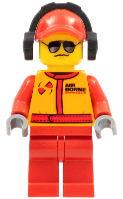 Monster Truck Mechanic, Racing Suit with Airborne Spoilers Logo, Red Cap with Hole, Headphones, Black and Silver Sunglasses