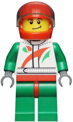 Race Car Driver, White Racing Suit with Octan Logo, Red Helmet with Trans-Brown Visor, Crooked Smile with Black Dimple