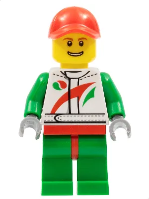 Race Car Mechanic, White Racing Suit with Octan Logo, Red Cap with Hole, Brown Eyebrows, Thin Grin with Teeth