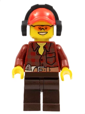 Flannel Shirt with Pocket and Belt, Dark Brown Legs, Red Cap with Hole, Headphones, Orange Safety Glasses