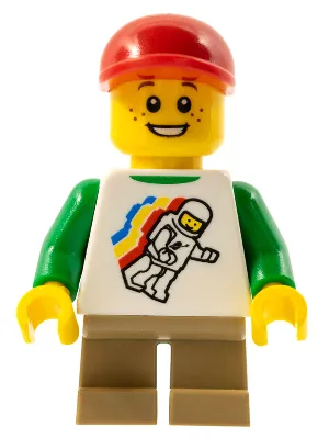 Classic Space Minifigure Floating Pattern, Dark Tan Short Legs, Red Short Bill Cap