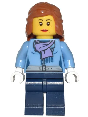 Medium Blue Jacket with Light Purple Scarf, Dark Blue Legs, Dark Orange Female Hair Mid-Length