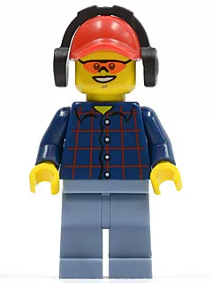 Plaid Button Shirt, Sand Blue Legs, Red Cap with Hole, Black Headphones