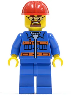 Blue Jacket with Pockets and Orange Stripes, Blue Legs, Red Construction Helmet, Safety Goggles