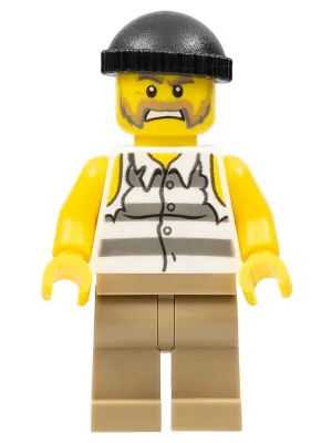 Police - Jail Prisoner Shirt with Prison Stripes and Torn out Sleeves, Dark Tan Legs, Black Knit Cap