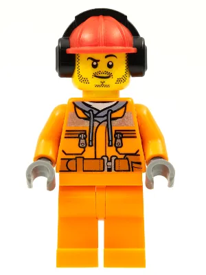 Construction Worker - Male, Orange Safety Jacket, Reflective Stripe, Sand Blue Hoodie, Orange Legs, Red Construction Helmet with Black Ear Protectors / Headphones, Stubble
