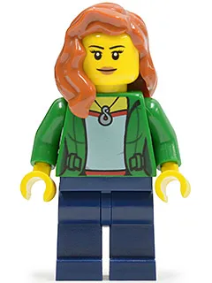 Green Female Jacket Open with Necklace, Dark Blue Legs, Dark Orange Female Hair over Shoulder