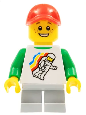 Classic Space Minifigure Floating Pattern, Light Bluish Gray Short Legs, Red Cap with Hole