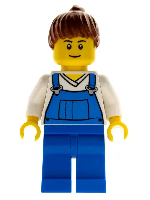 Farm Hand, Female, Overalls Blue over V-Neck Shirt, Thin Smile
