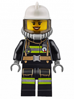 Fire - Reflective Stripes with Utility Belt, White Fire Helmet, Breathing Neck Gear with Air Tanks, Trans-Brown Visor, Dark Orange Lips Open Mouth Smile