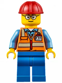 Orange Safety Vest with Reflective Stripes, Blue Legs, Red Construction Helmet, Glasses (TV Tower Technician)