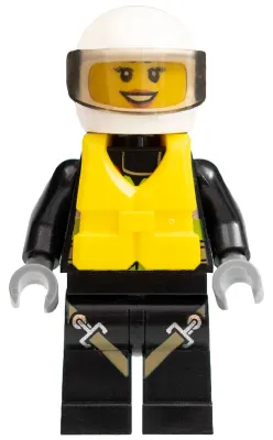 Fire - Reflective Stripes with Utility Belt and Flashlight, Life Jacket Center Buckle, White Helmet, Trans-Brown Visor, Dark Orange Lips Open Mouth Smile