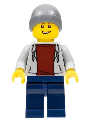 Light Bluish Gray Hoodie with Dark Red Shirt, Dark Bluish Gray Beanie, Dark Blue Legs