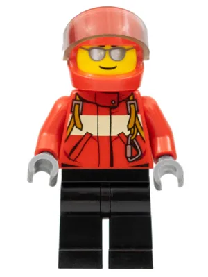 City Pilot Male, Red Fire Suit with Carabiner, Black Legs, Red Helmet, Silver Sunglasses