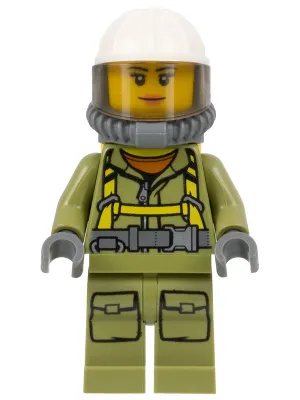 Volcano Explorer - Female Worker, Suit with Harness, Construction Helmet, Breathing Neck Gear with Air Tanks, Trans-Brown Visor