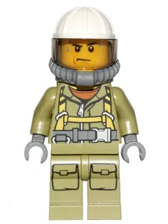 Volcano Explorer - Male Worker, Suit with Harness, Construction Helmet, Breathing Neck Gear with Yellow Air Tanks, Trans-Brown Visor, Sweat Drops