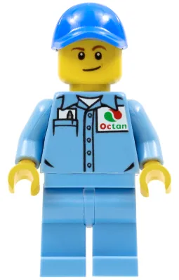 Medium Blue Uniform Shirt with Pocket and Octan Logo, Medium Blue Legs, Blue Cap with Hole, Lopsided Smile