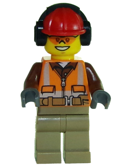 Construction Worker - Male, Orange Safety Vest, Reflective Stripes, Reddish Brown Shirt, Dark Tan Legs, Red Construction Helmet with Black Ear Protectors / Headphones, Safety Glasses