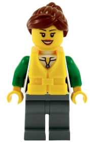 Angler - Female, White and Green Sweatshirt with Zipper, Sand Blue Legs, Reddish Brown Hair with Ponytail, Yellow Life Jacket with Center Buckle