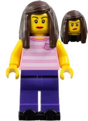 Rollerskater - Female, Bright Pink Striped Shirt with Cat Head, Dark Purple Legs, Dark Brown Long Hair, Red Lips, Black Skates