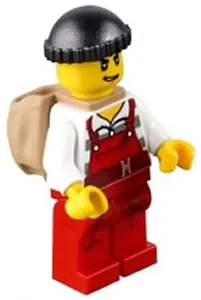 Police - City Bandit Male with Red Overalls, Black Knit Cap, Backpack, Lopsided Open Mouth Smile