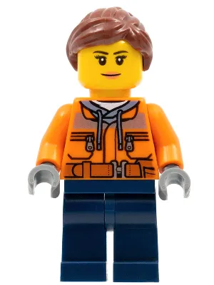Cargo Center Worker - Female, Orange Safety Jacket, Reflective Stripe, Sand Blue Hoodie, Dark Blue Legs, Reddish Brown Hair, Nougat Lips